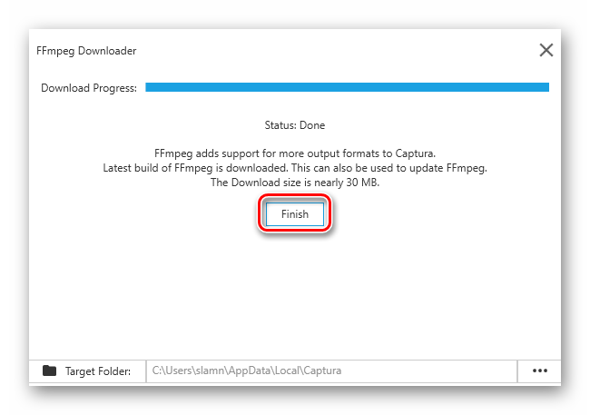 Завершить загрузку кодека для записи видео с экрана в программе Captura для Windows 10